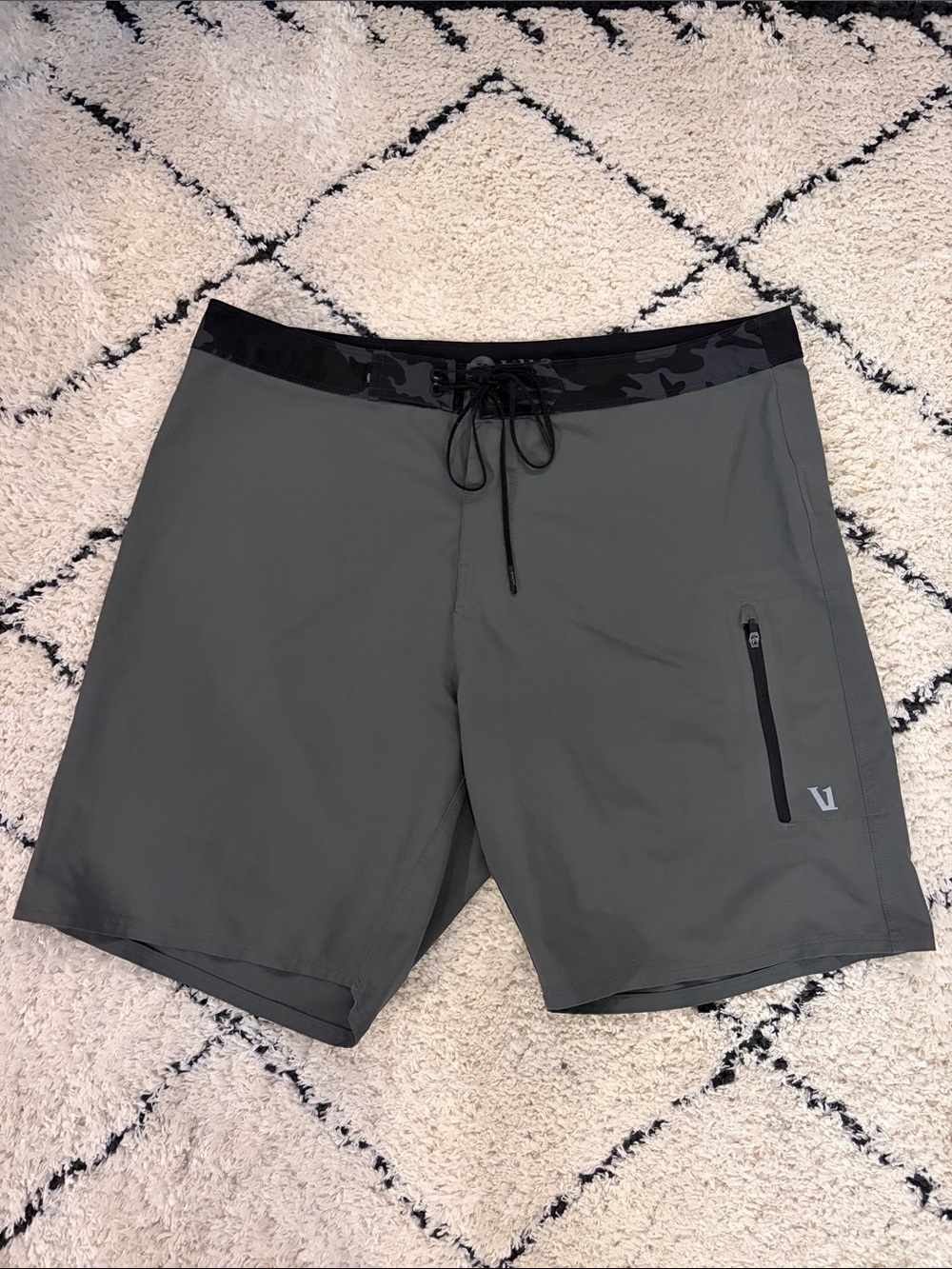 Vuori Olive Green Board Shorts with Black Camo Waistband